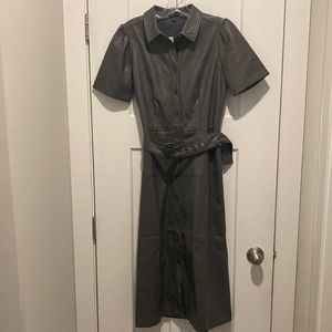 Faux Leather MIDI Shirtdress  Dress 👗, short sleeve,size-2,Grey, Button front,